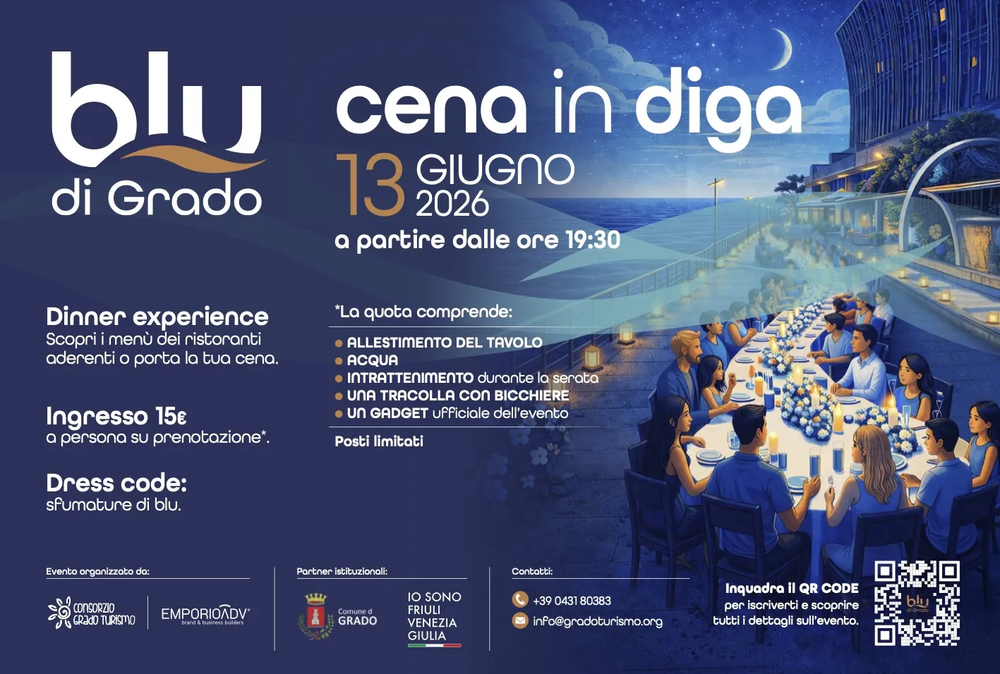 Banner promozionale dell'evento 'Blu di Grado - cena in diga' del 13 giugno 2026. Include un QR code per scoprire i dettagli.